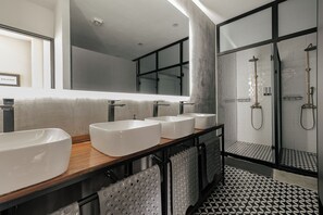 Shower, rainfall showerhead, hair dryer, towels - Mr. Herold homes (Mexico City)