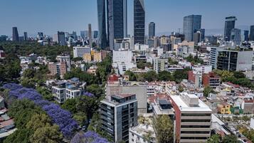 A cityscape with modern high-rise buildings, dense urban development, and surrounding greenery.