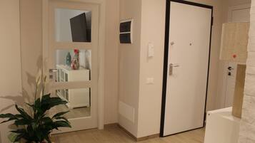 Une pièce avec un plancher en bois, une porte blanche, un miroir et une plante en pot.
