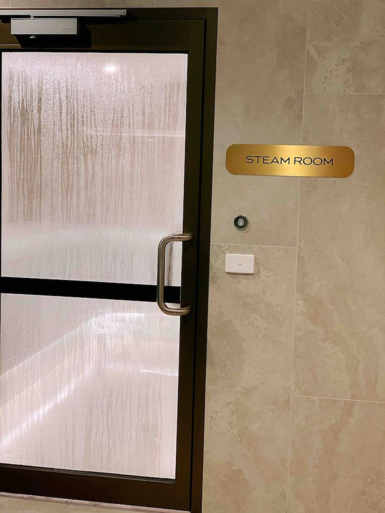 A door with a frosted glass panel and a handle, labeled 'STEAM ROOM' on a plaque.