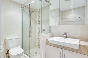 Shower, hair dryer, towels