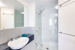 Combined shower/bathtub, hair dryer, towels