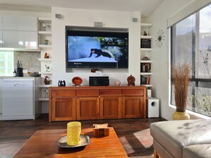 Smart TV, DVD player, books, stereo