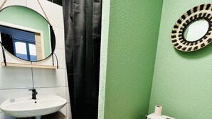 Une salle de bain avec un lavabo, des toilettes et une douche.