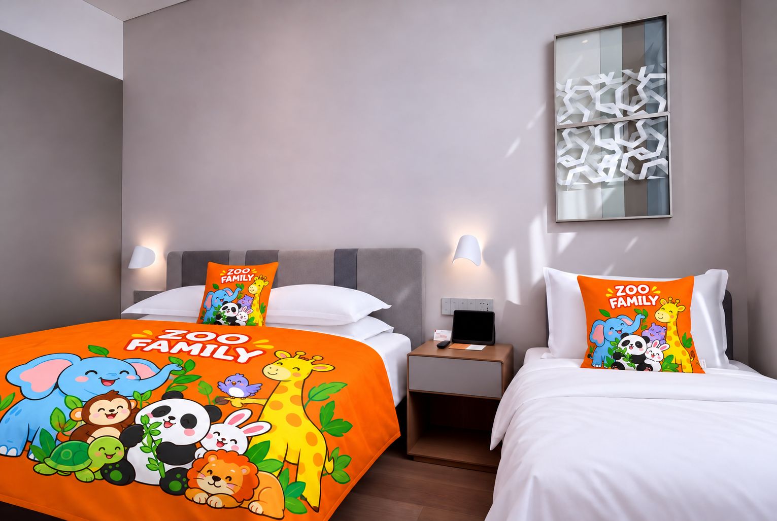 A hotel room with two beds, each with a white headboard and a pillow featuring a 'Zoo Family' design. There is a bedside table with a lamp and a tablet on it.