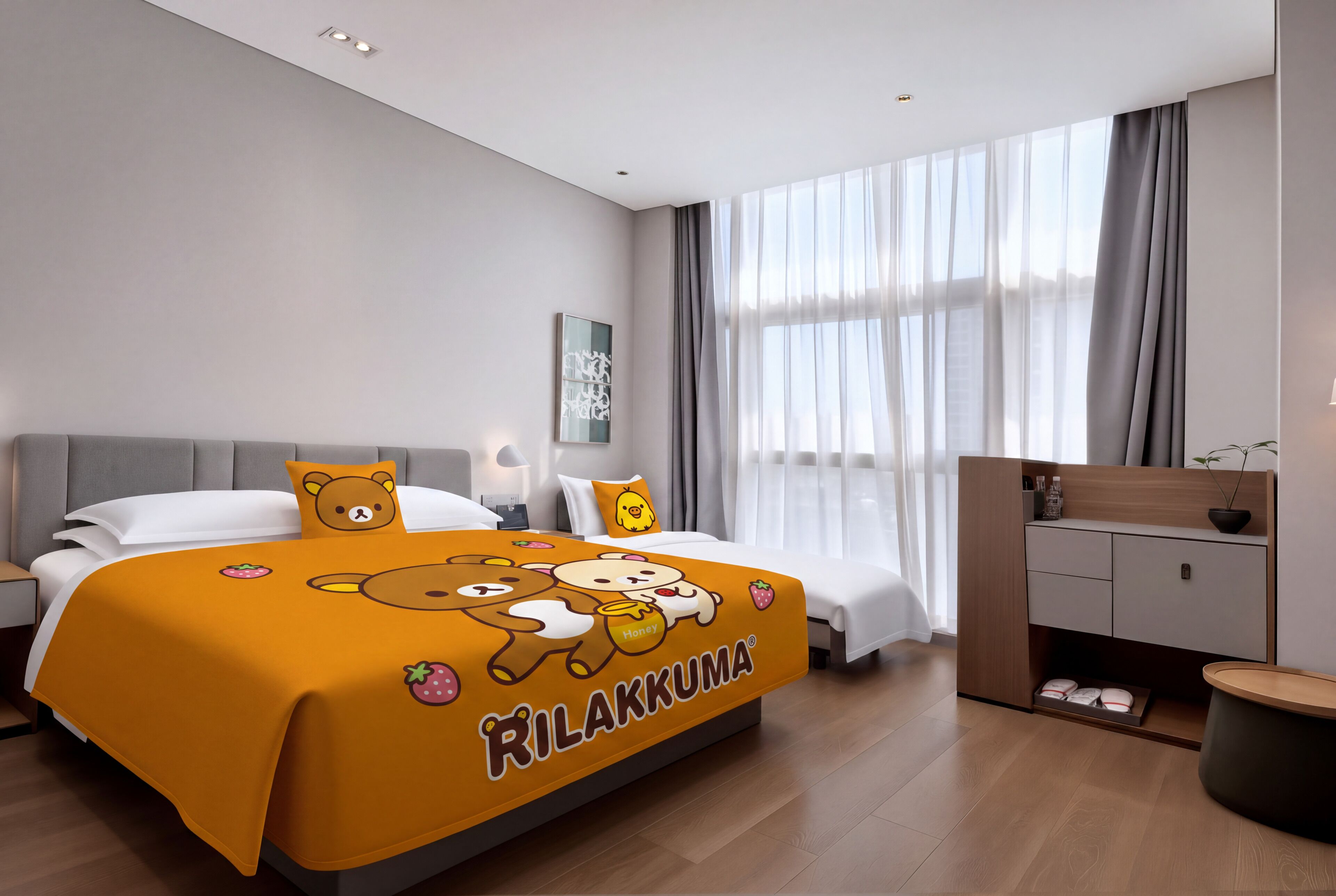 A modern hotel room with a bed, bedside tables, a desk, and a window with curtains.