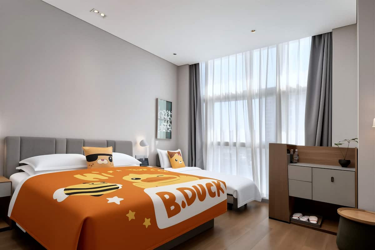 Quarto duplo família, 1 cama Queen e sofá-cama | Roupas de cama premium, edredons de pluma