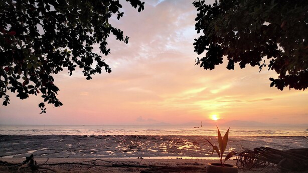 A beach scene with a sunset, sandy shore, and some vegetation. - Putra Brasmana Hotel (Kuala Perlis)