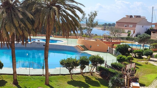 A pool area with palm trees, a clear sky, and a view of the sea. - Bel Appartement Avec Piscine , le 600 (ROSES)