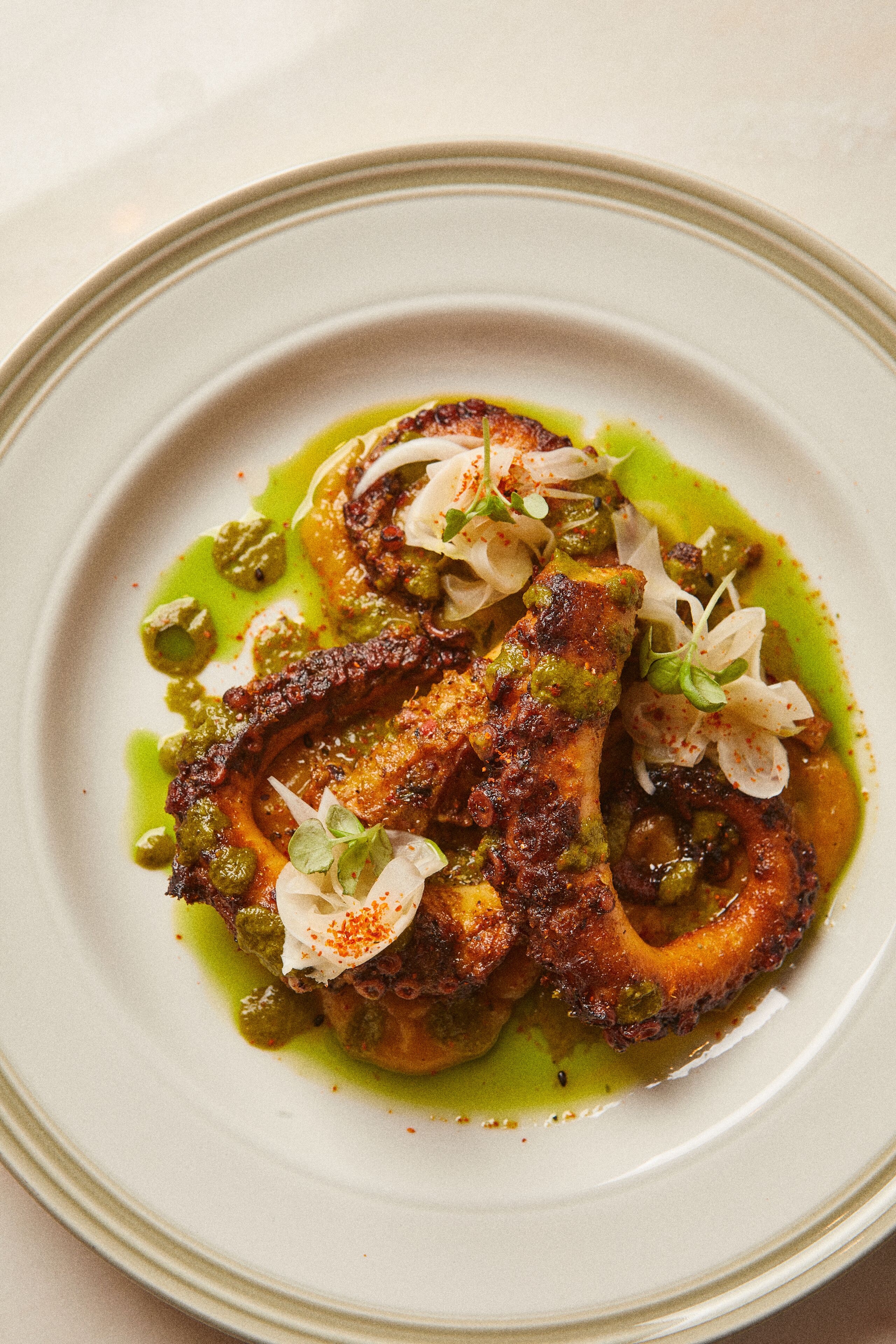 Plat de menjar amb salsa verda, decorat amb elements blancs i verdosos.