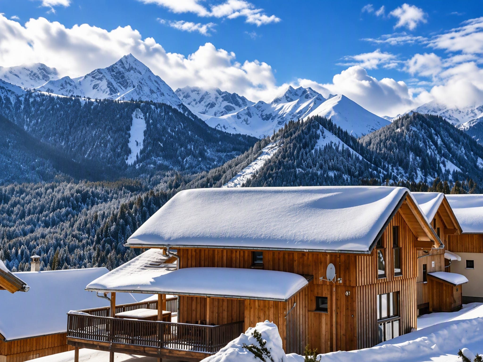 A wooden chalet with a balcony, surrounded by snow-covered mountains and trees.
