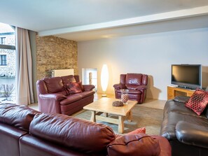 Télévision, cheminée, lecteur de DVD, baby-foot