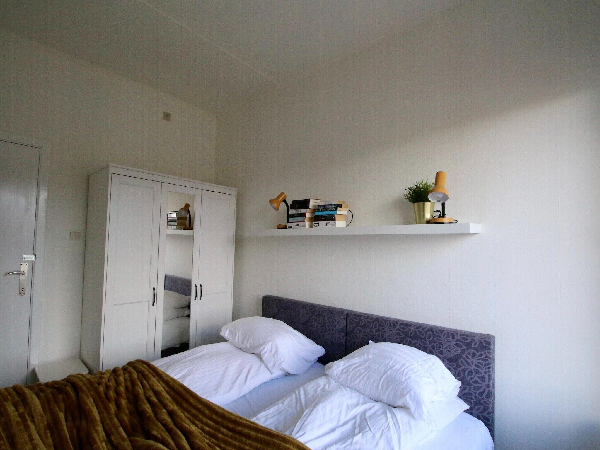 Une chambre à coucher avec un lit, une armoire, une étagère avec des livres et une plante, et une porte.