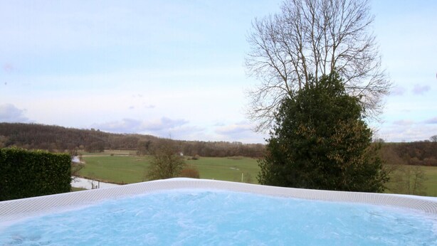 Ein Whirlpool mit Blick auf ein grünes Feld und Bäume.