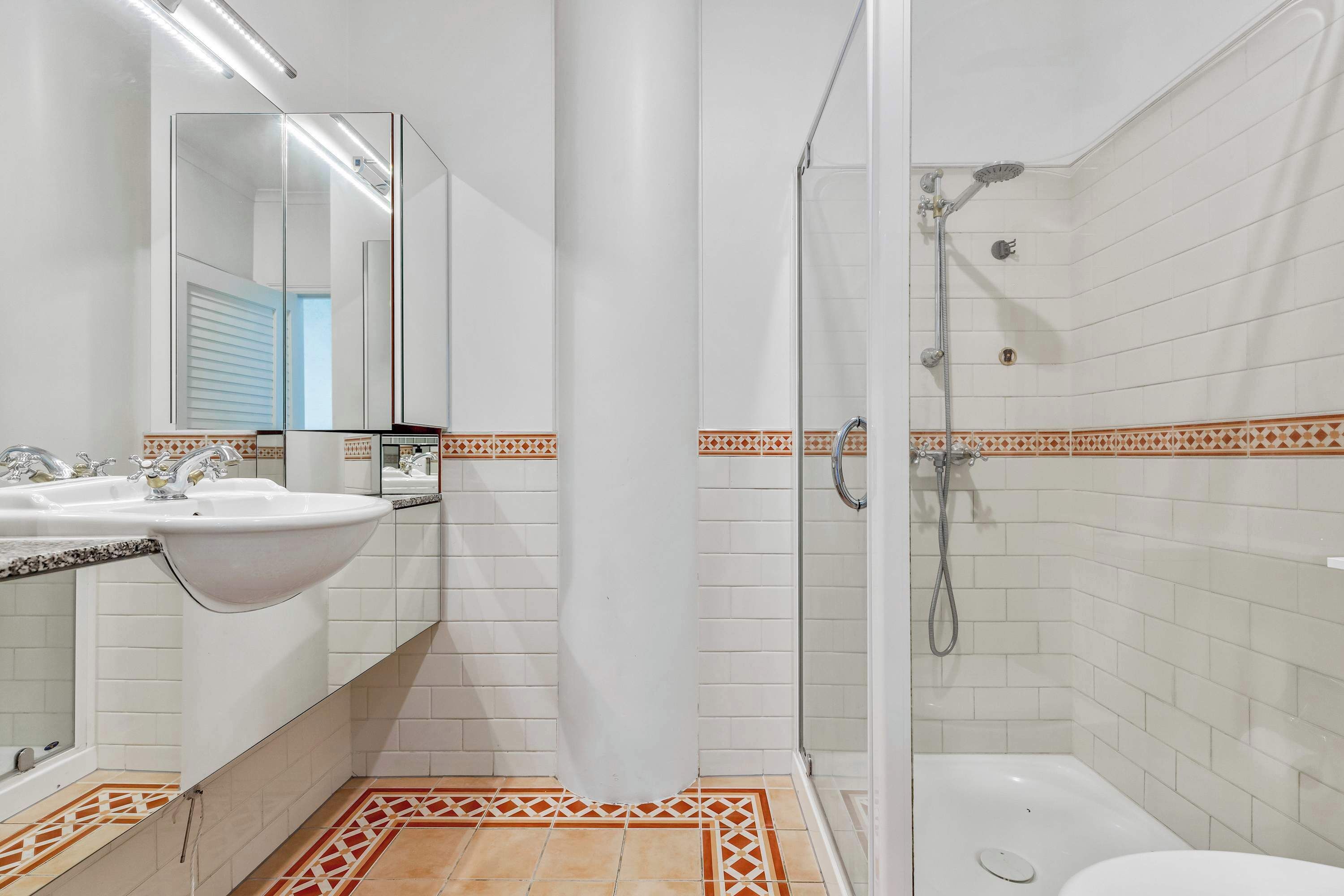 Shower, hair dryer, shampoo