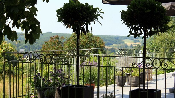 A balcony with a metal railing, potted plants, and a view of a hilly landscape. - Countryside Escape for 9 (Honnay)