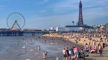 A crowded beach with a Ferris wheel and a tall tower in the background.