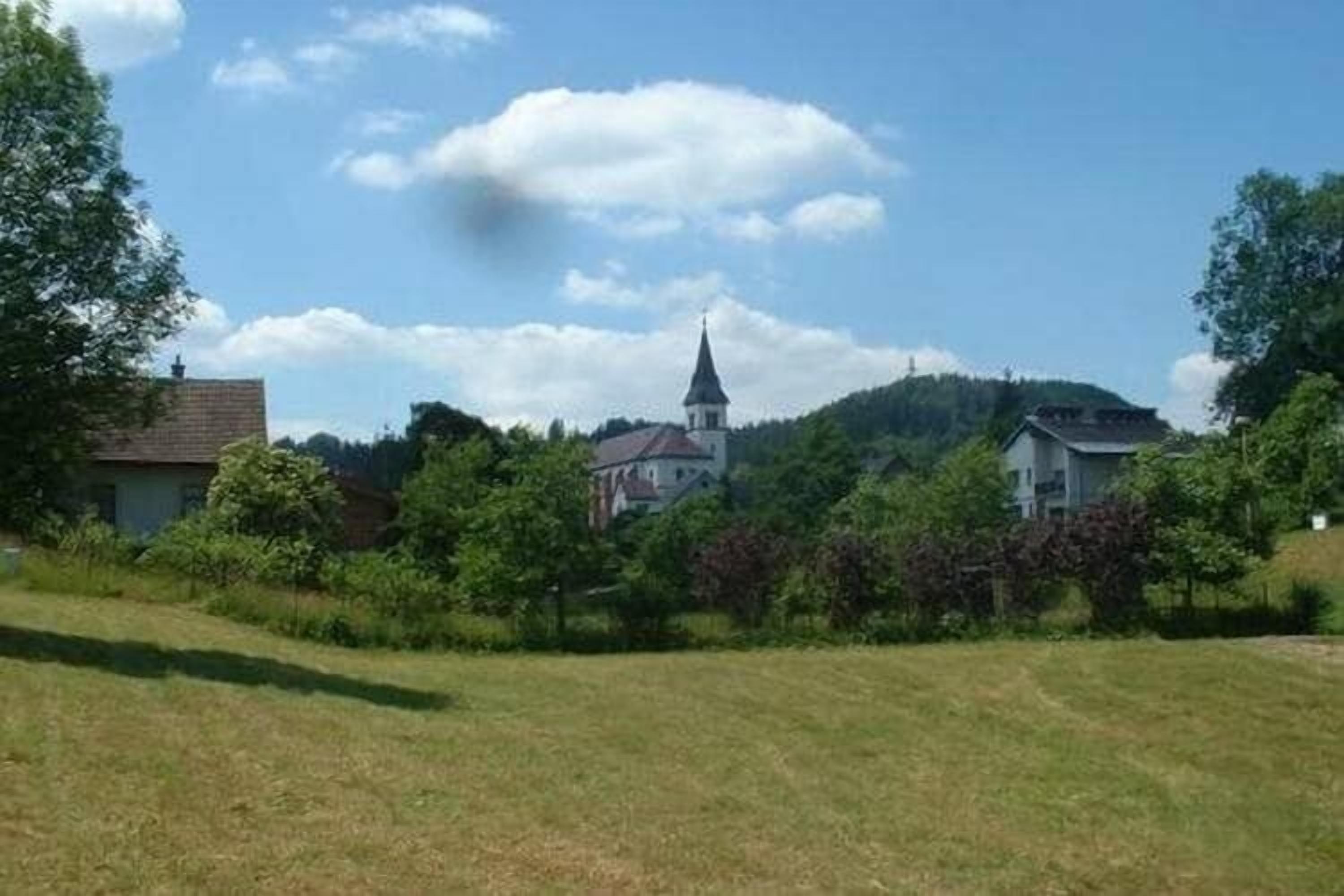A rural landscape with a church, houses, and a hill in the background.
