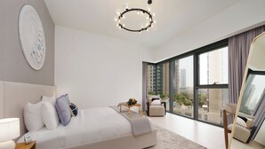 A modern bedroom with a large bed, a bedside table, a mirror, and a view of the city through large windows. - Maison Privee - Luxury 2Bedroom w/ Burj Khalifa & Fountain Views (Dubai)