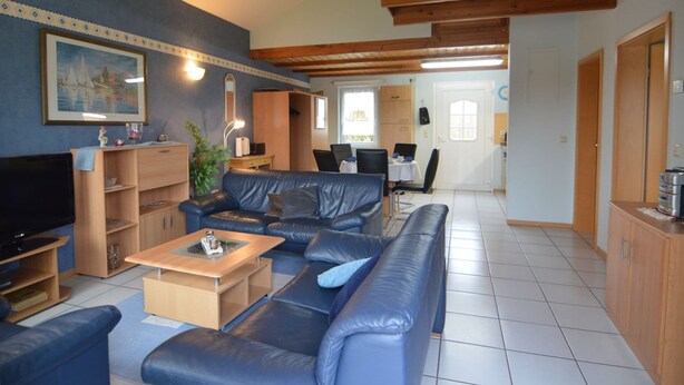 A living room with a sofa, TV, wooden cabinets, and a dining area in the background.