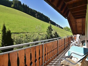 Ein Balkon mit Blick auf eine grüne Hügellandschaft, einem Holgitter und Gartenmöbeln.