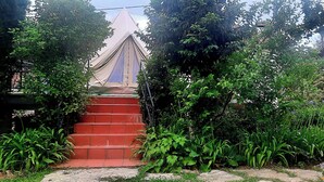 Un jardín con una tienda de campaña, escalones rojos y diversas plantas.