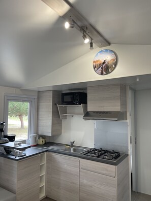 Réfrigérateur, micro-ondes, cafetière/bouilloire, bouilloire électrique