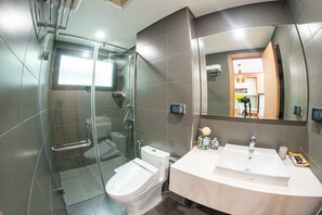 Hair dryer, bidet, towels, soap