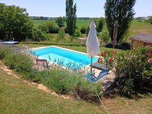 Ein Swimmingpool mit Blick auf ein grünes Feld und Bäume.