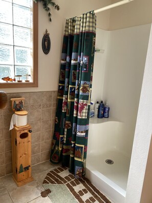 Douche, baignoire à jets, sèche-cheveux, serviettes fournies