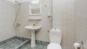 Un bagno piccolo con lavandino, specchio, WC e doccia.