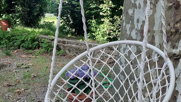 A macrame swing chair hanging from a tree. - Dépendance D'une Bastide Provençale (MANOSQUE)