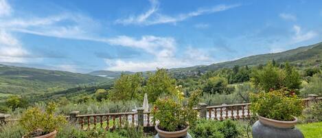 A lush garden with potted plants and a scenic view of rolling hills and a distant lake.