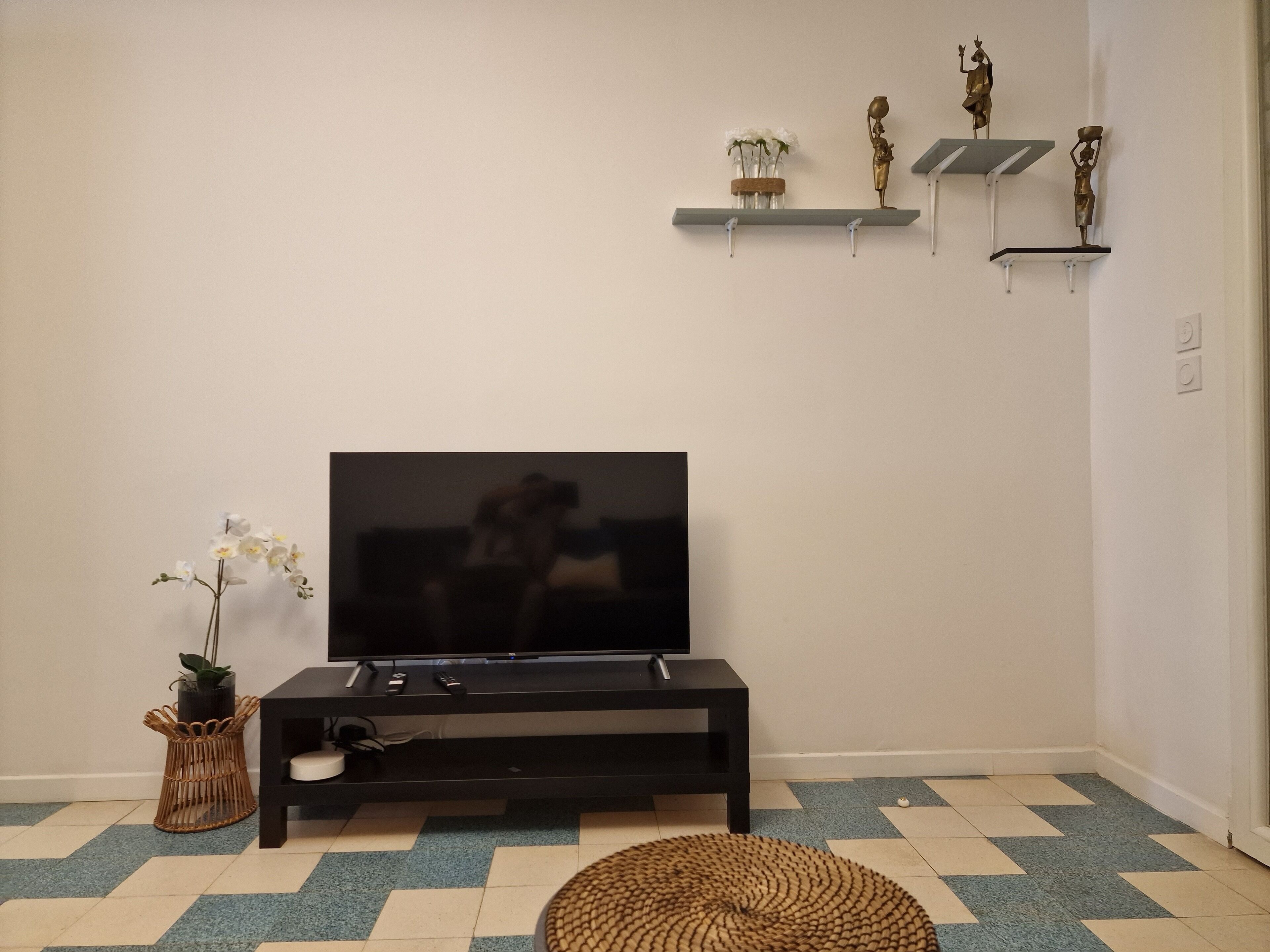 Un salon avec un téléviseur à écran plat posé sur un meuble noir, un panier en osier contenant une plante et un tapis à motifs sur un sol à carreaux.