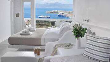 Suite studio, vue sur la mer | 1 chambre, literie de qualité, lit avec matelas à plateau-coussin