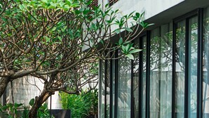 Um edifício moderno com um espelho d'água refletivo, amplas janelas e vegetação exuberante.