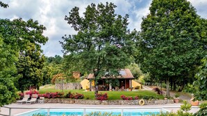 A pool area with a house and lush greenery. - Holiday Home in Tuscany with Pool & Olive Trees (Montecatini Terme)