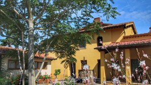 A yellow building with a tiled roof, surrounded by trees and flowering plants.