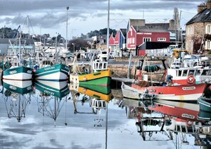 A marina with various boats docked, a building labeled 'DIRECT D'USINE,' and a clear sky.