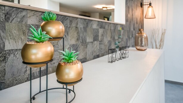 Un área de recepción con pared de mármol, una lámpara moderna y tres macetas doradas con plantas verdes.