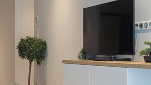 Un salon moderne avec un téléviseur à écran plat fixé sur une console en bois, une petite plante en pot et une statue de Bouddha décorative.