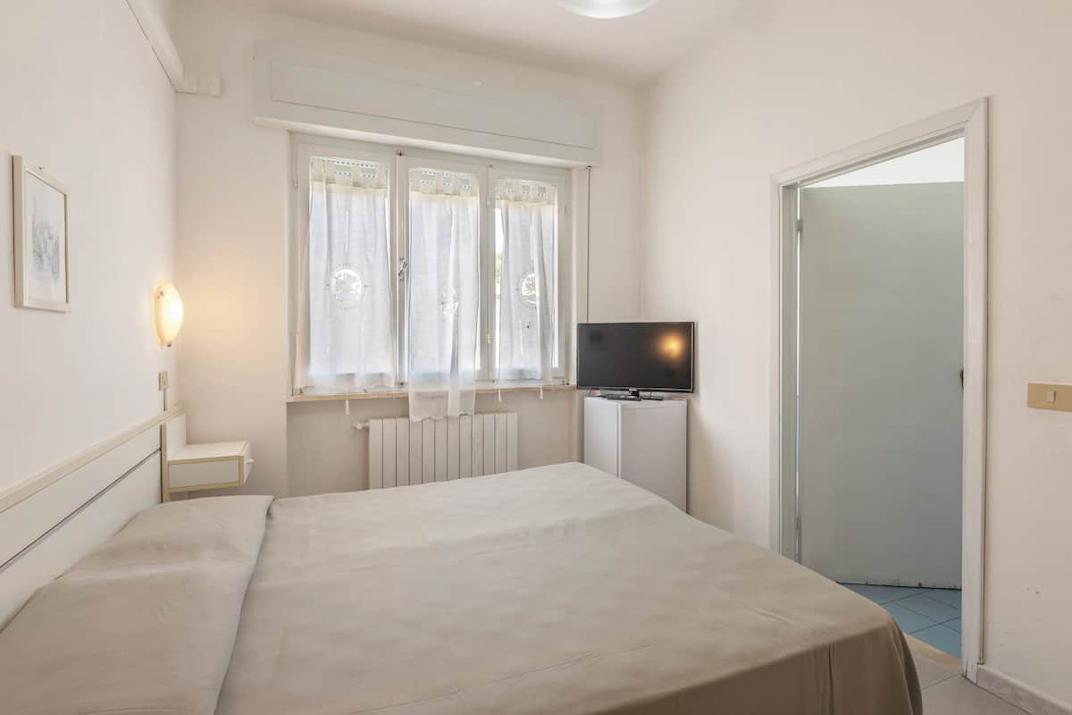 Ein Schlafzimmer mit einem Bett, einem Fernseher auf einem kleinen Schrank, einem Fenster mit Vorhängen und einer Tür.