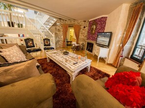 TV, fireplace, table football