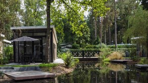 A tranquil garden with a pond, a wooden deck, and a modern building with glass doors. - Chic Chalet in Hoenderloo (Hoenderloo)