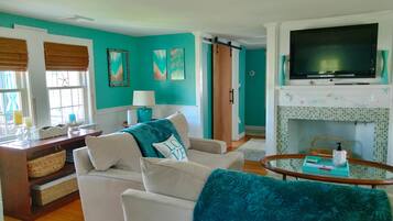 智能电视、壁炉、DVD 播放器、书