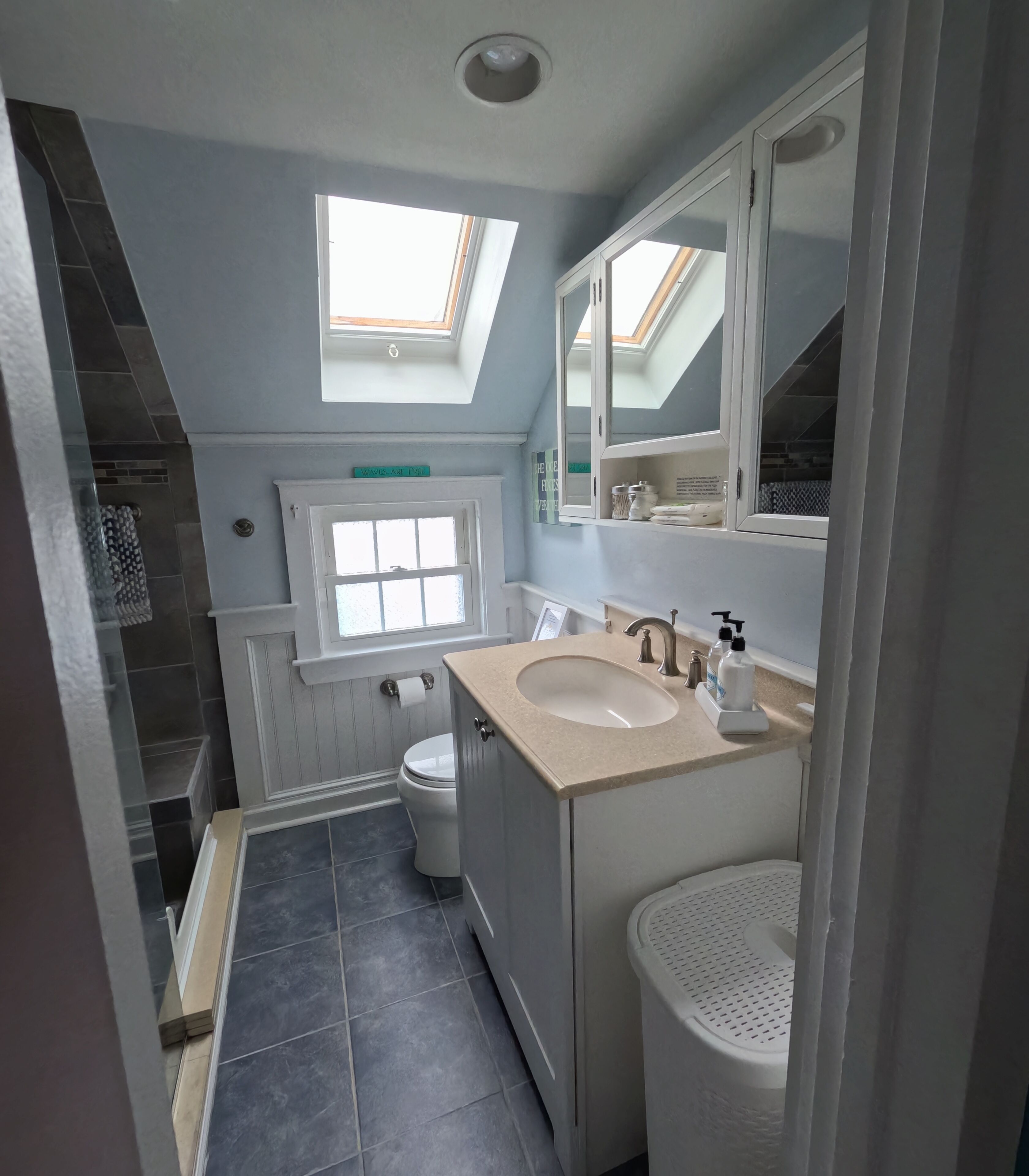 A bathroom with a skylight, a toilet, a sink with a mirror, and a laundry basket.