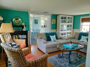 Smart TV, fireplace, DVD player, books