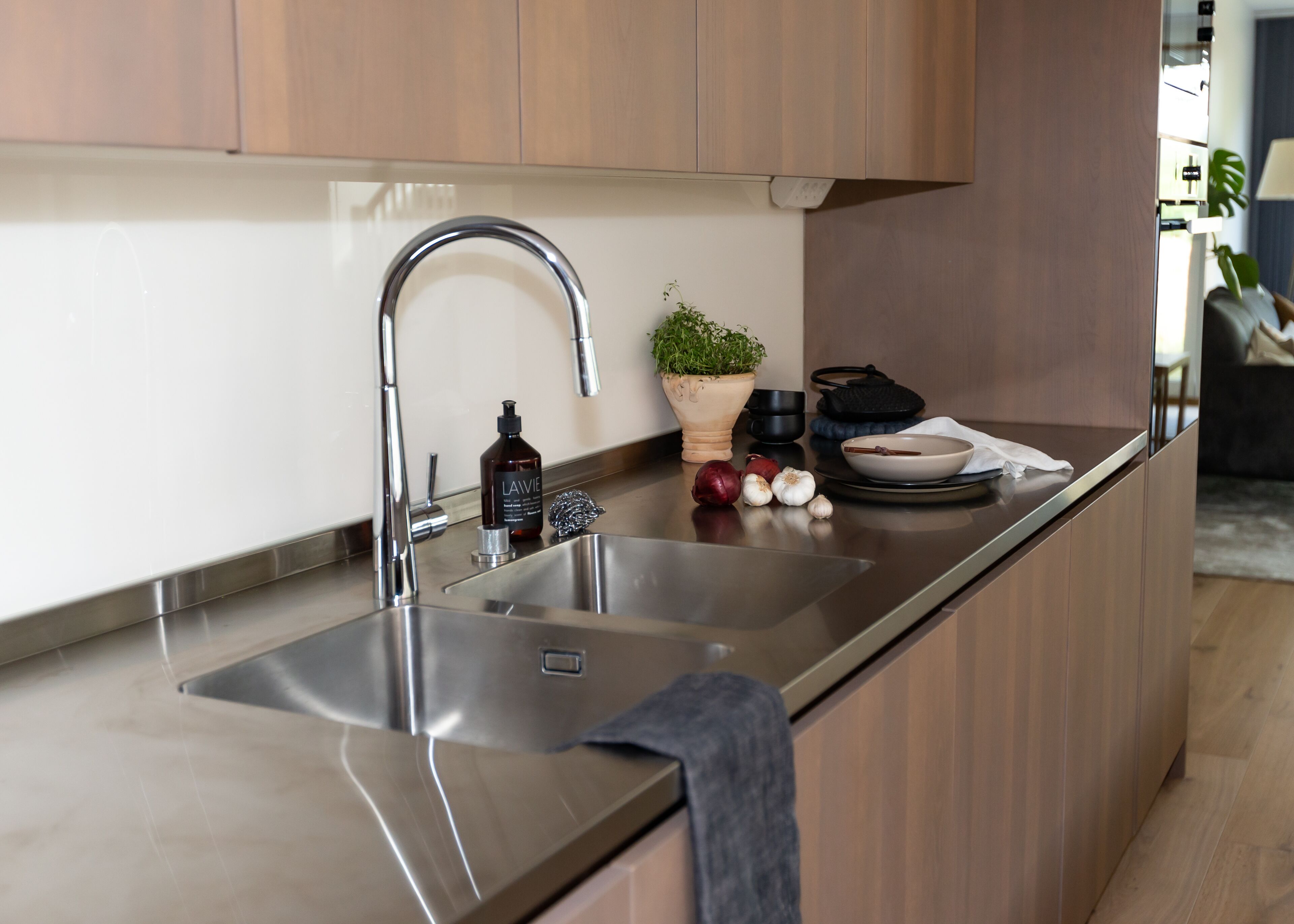 A modern kitchen with stainless steel appliances, a wooden cabinet, and a potted plant.