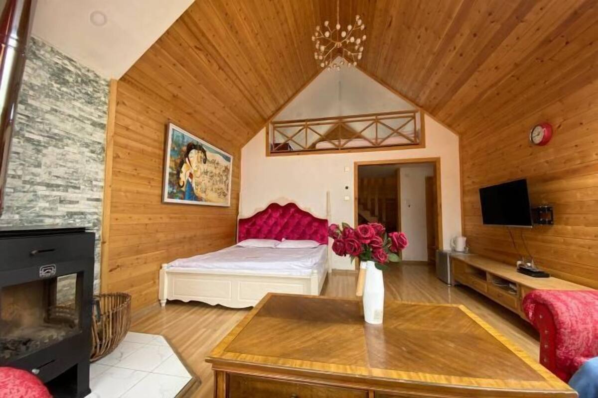 Un dormitorio con cama, una mesa de madera, televisor y chimenea.