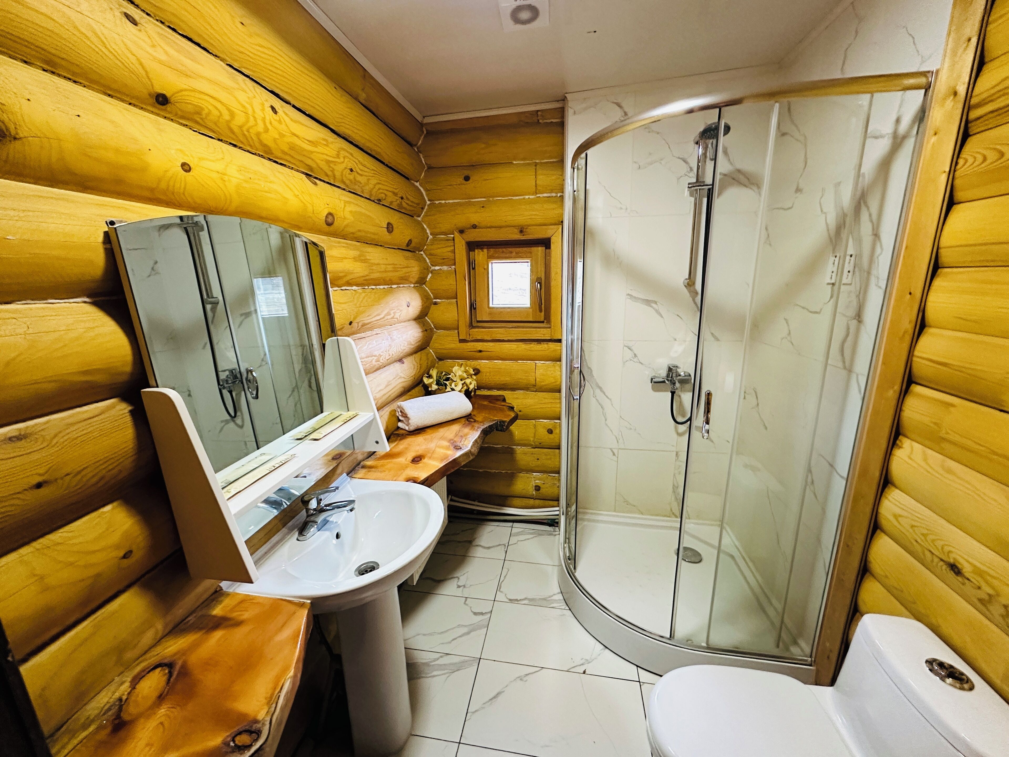 Baño de cabaña de madera con lavamanos, espejo, inodoro y box de ducha de vidrio.